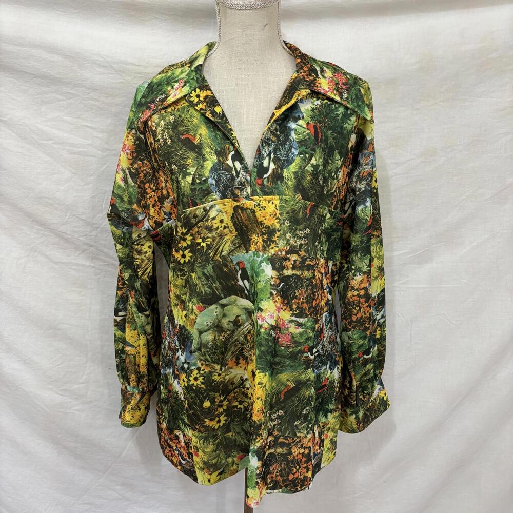 Vtg 70s home sewn floral foliage & birds dagger collar polyester blouse